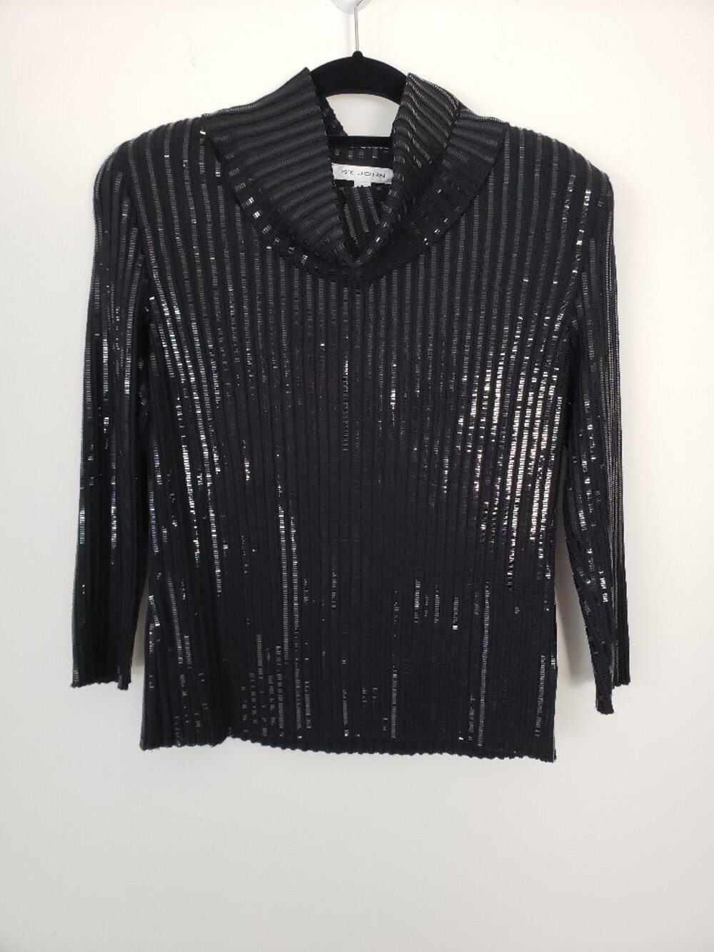 ST. JOHN Small Black Sequined Sweater Shirt Cowl Neck Ribbed Knit 3/4 Sleeve